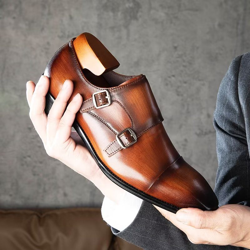 Sapatos Formais Masculinos Couro Refinado Slip-on Monkstraps - Café