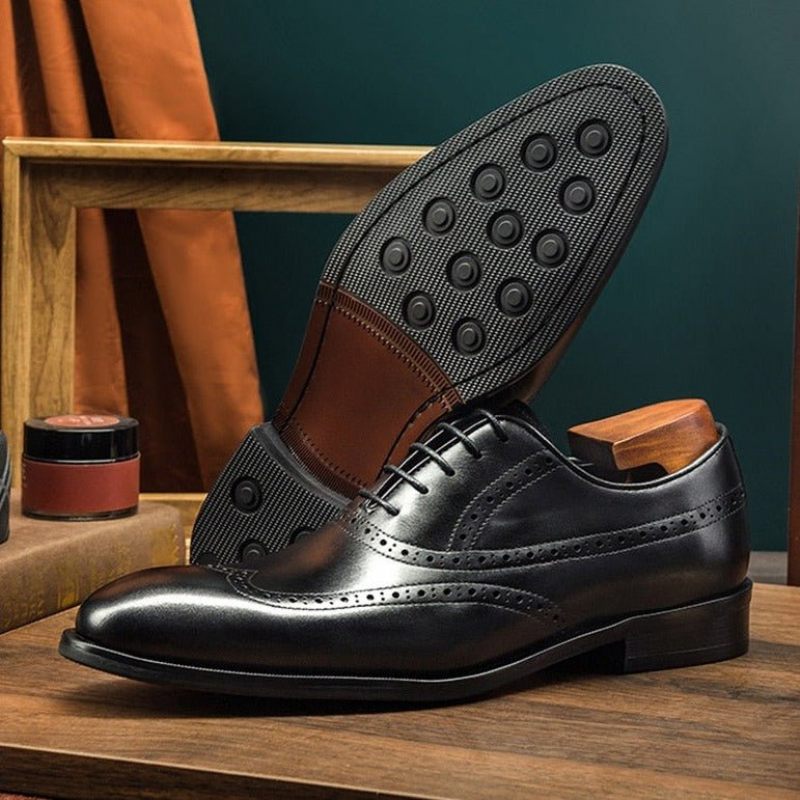 Sapatos Formais Masculinos Couro Vaca Brogue Com Cadarço - Preto