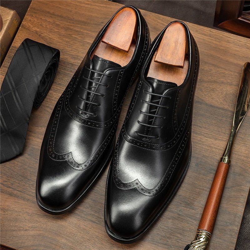 Sapatos Formais Masculinos Couro Vaca Brogue Com Cadarço - Preto