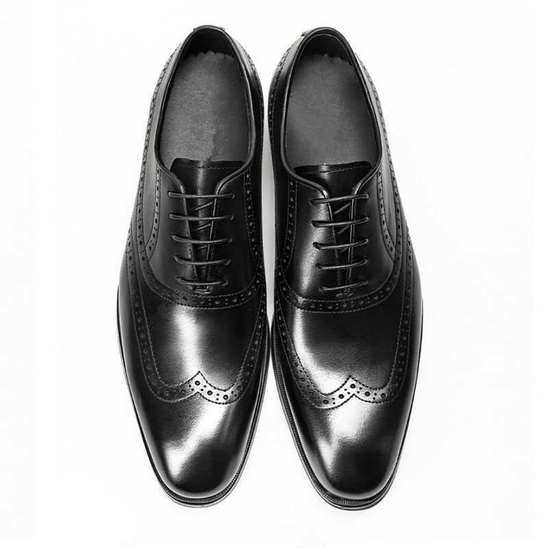 Sapatos Formais Masculinos Couro Vaca Brogue Com Cadarço - Preto