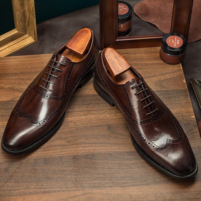 Sapatos Formais Masculinos Couro Vaca Brogue Com Cadarço - Café