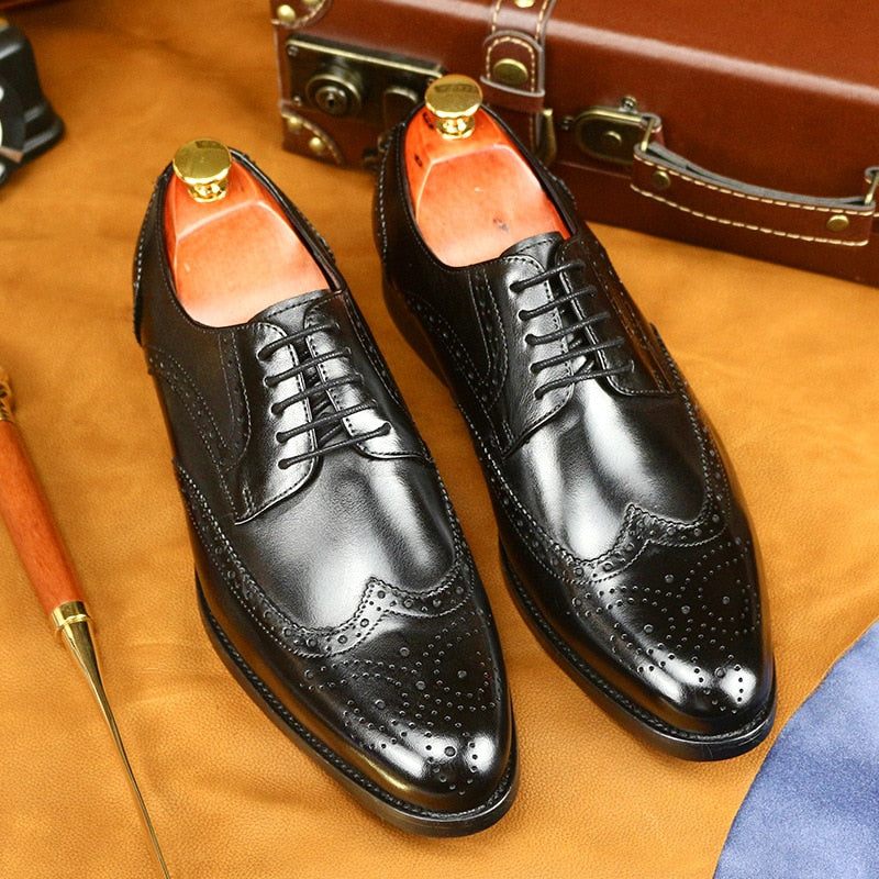 Sapatos Formais Masculinos Couro Vaca Exótico Com Cordões Oxford - Preto