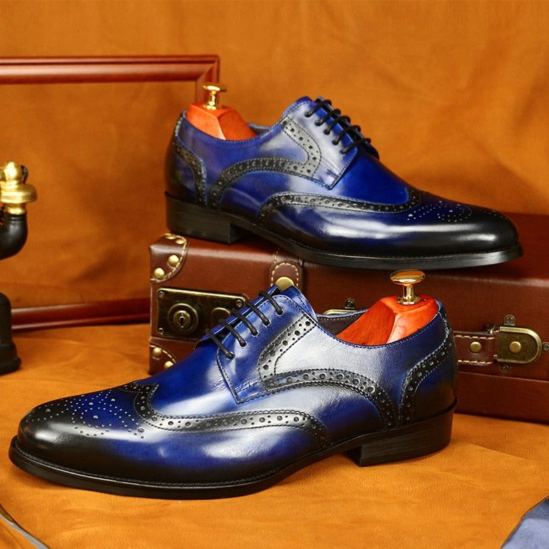 Sapatos Formais Masculinos Couro Vaca Exótico Com Cordões Oxford - Azul