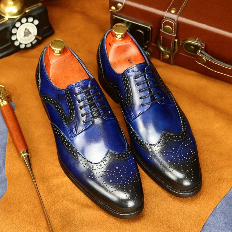 Sapatos Formais Masculinos Couro Vaca Exótico Com Cordões Oxford - Azul