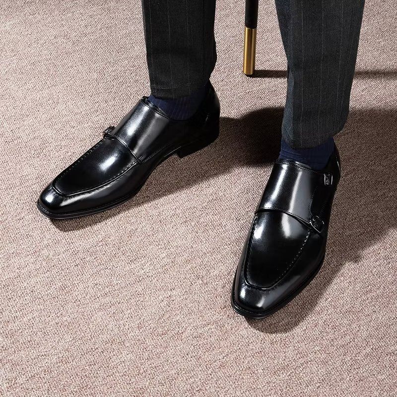 Sapatos Formais Masculinos Couro Vaca Refinado Slip-on Monkstraps - Preto