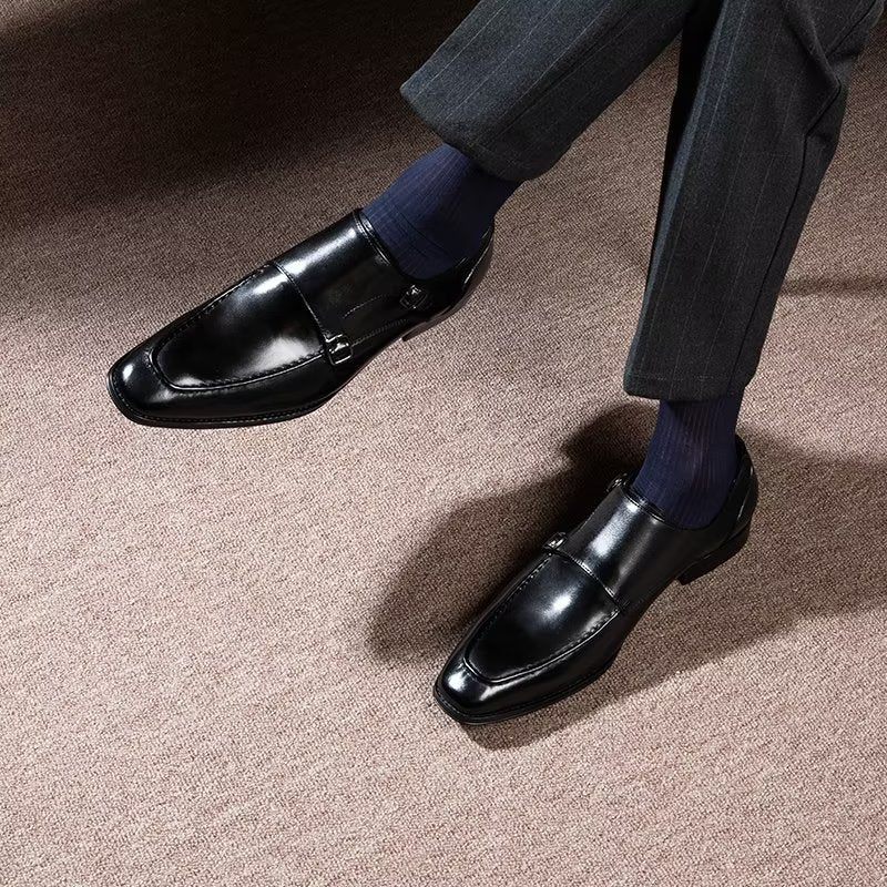 Sapatos Formais Masculinos Couro Vaca Refinado Slip-on Monkstraps - Preto