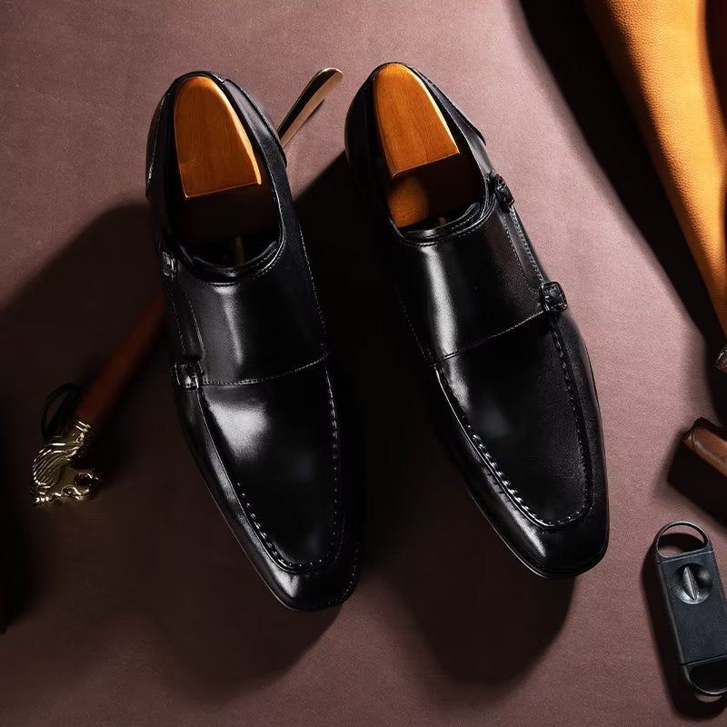 Sapatos Formais Masculinos Couro Vaca Refinado Slip-on Monkstraps - Preto