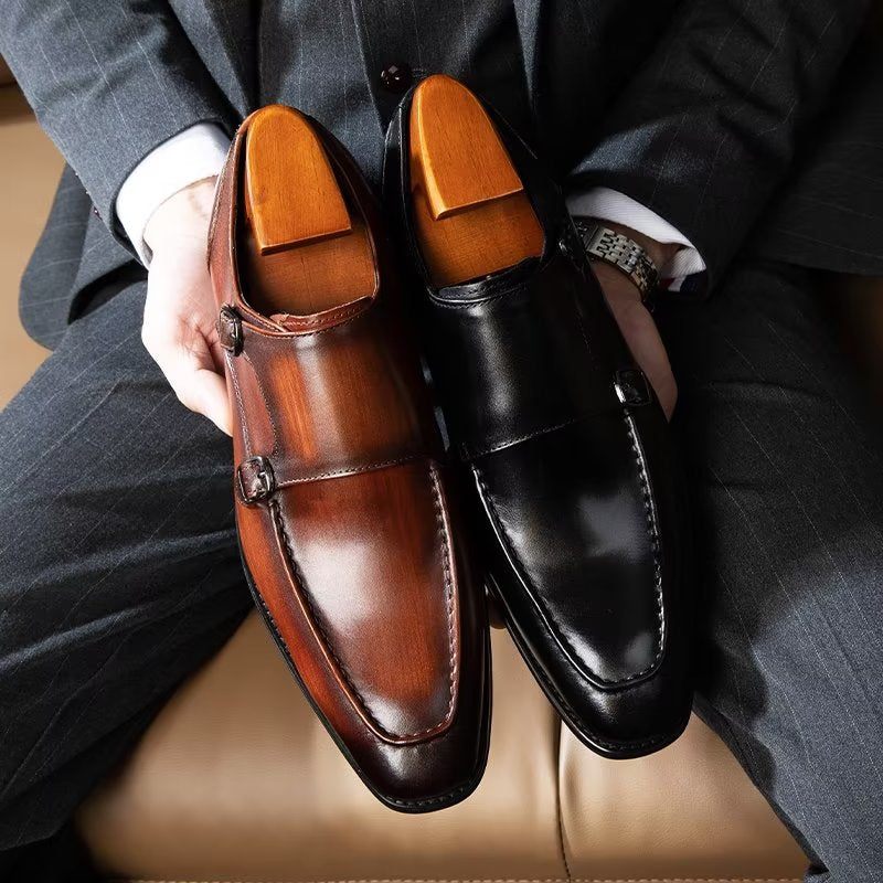 Sapatos Formais Masculinos Couro Vaca Refinado Slip-on Monkstraps - Preto