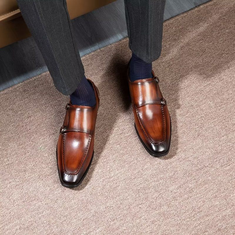 Sapatos Formais Masculinos Couro Vaca Refinado Slip-on Monkstraps - Café