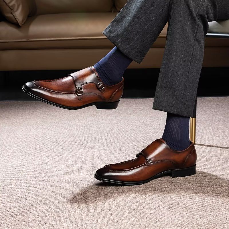 Sapatos Formais Masculinos Couro Vaca Refinado Slip-on Monkstraps - Café