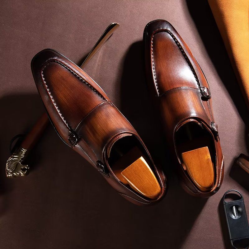 Sapatos Formais Masculinos Couro Vaca Refinado Slip-on Monkstraps - Café