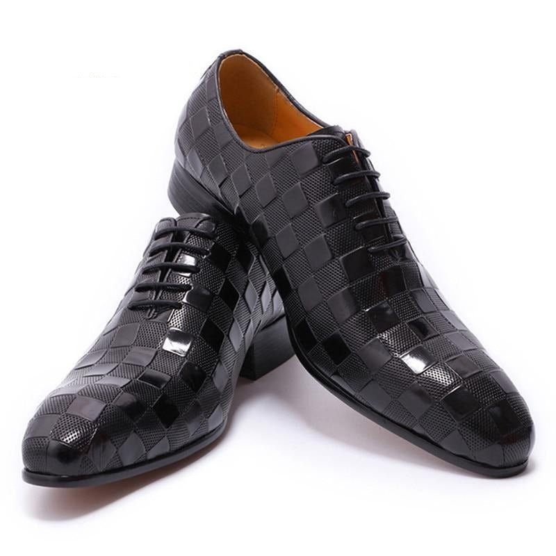 Sapatos Formais Masculinos Couro Xadrez Com Estampa Oxford - Preto