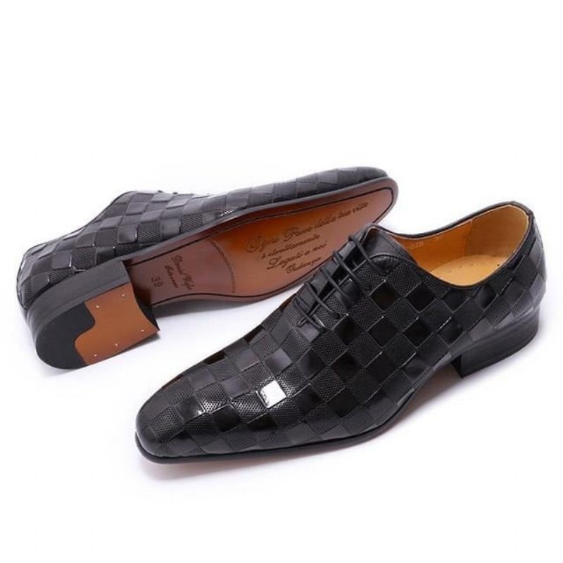 Sapatos Formais Masculinos Couro Xadrez Com Estampa Oxford - Preto