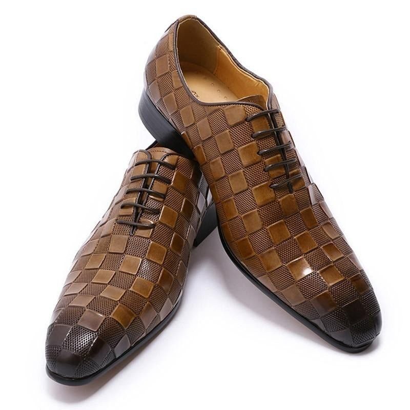 Sapatos Formais Masculinos Couro Xadrez Com Estampa Oxford - Café