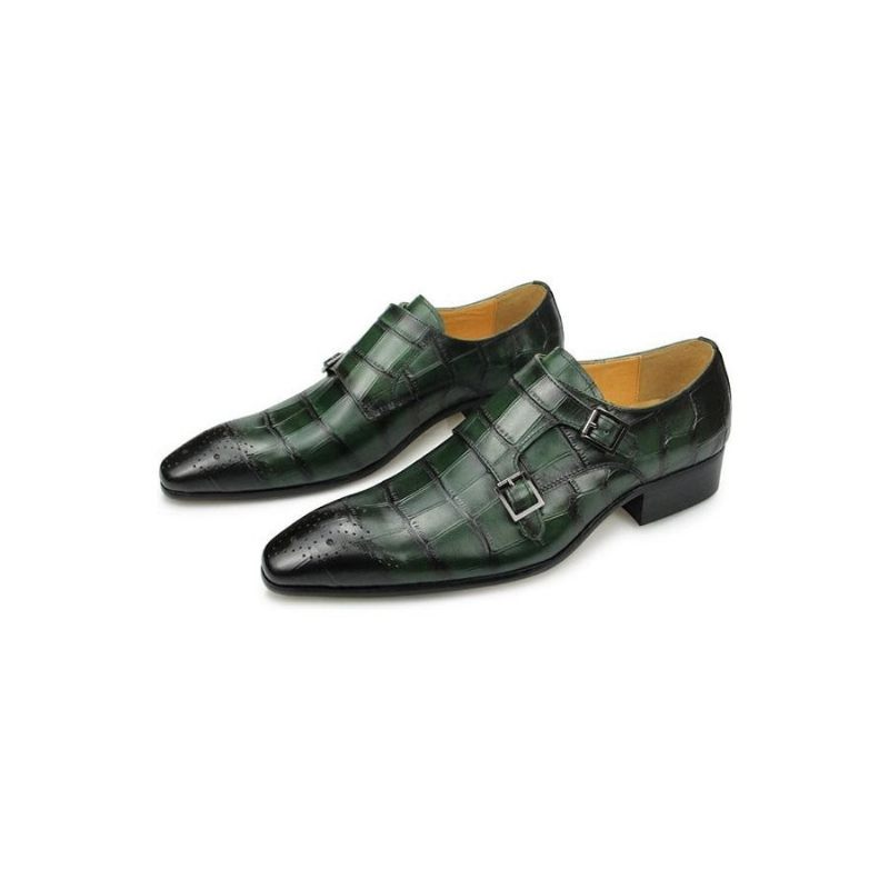 Sapatos Formais Masculinos Crocoluxe Dedo Apontado Croc Texturizado Monkstrap Sociais - Verde