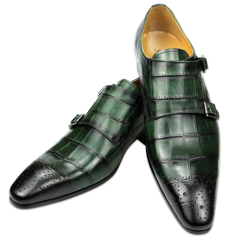 Sapatos Formais Masculinos Crocoluxe Dedo Apontado Croc Texturizado Monkstrap Sociais - Verde