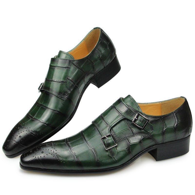 Sapatos Formais Masculinos Crocoluxe Dedo Apontado Croc Texturizado Monkstrap Sociais - Verde