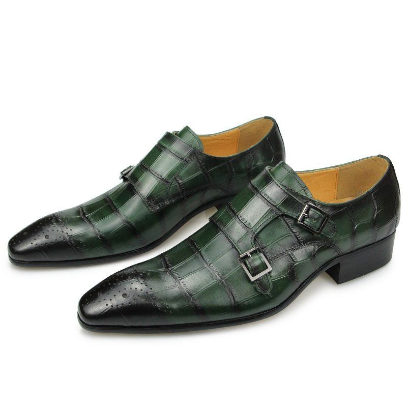 Sapatos Formais Masculinos Crocoluxe Dedo Apontado Croc Texturizado Monkstrap Sociais - Verde