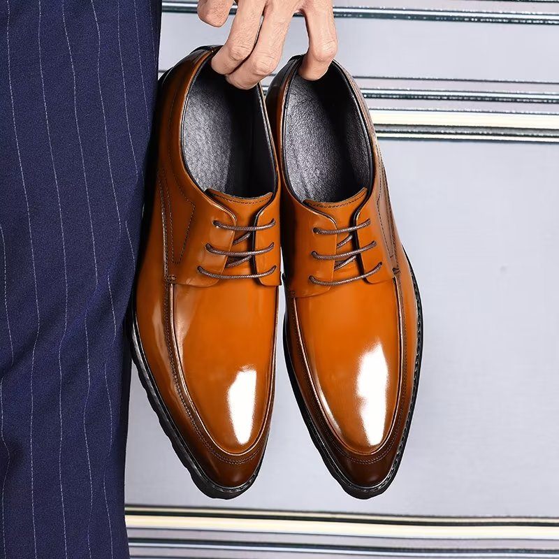 Sapatos Formais Masculinos Derbies Couro Refinado Com Cordões - Café