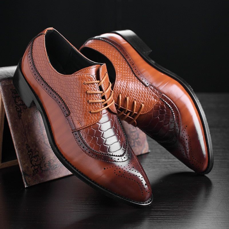 Sapatos Formais Masculinos Derby Exóticos Com Cadarços - Café