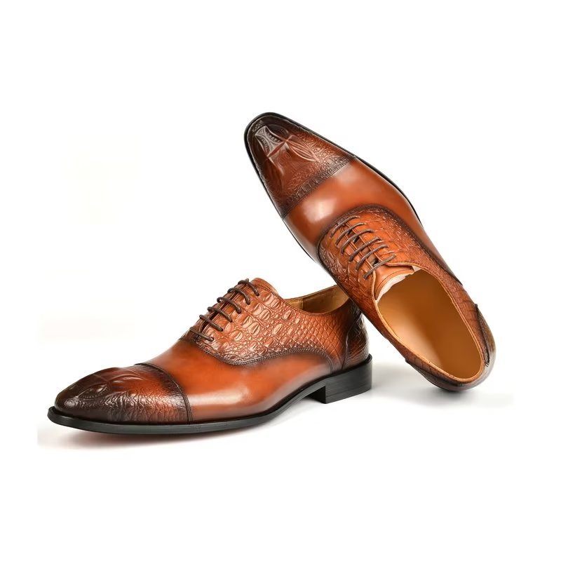 Sapatos Formais Masculinos Elegância Textura Crocodilo Oxford - Marrom