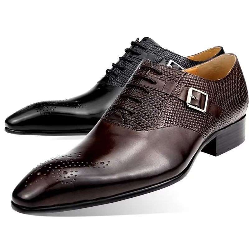 Sapatos Formais Masculinos Elegantes Casamento Couro Brogue Com Cadarço - Café