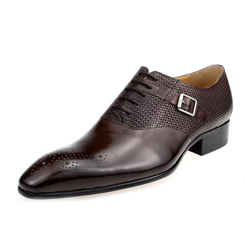 Sapatos Formais Masculinos Elegantes Casamento Couro Brogue Com Cadarço - Café