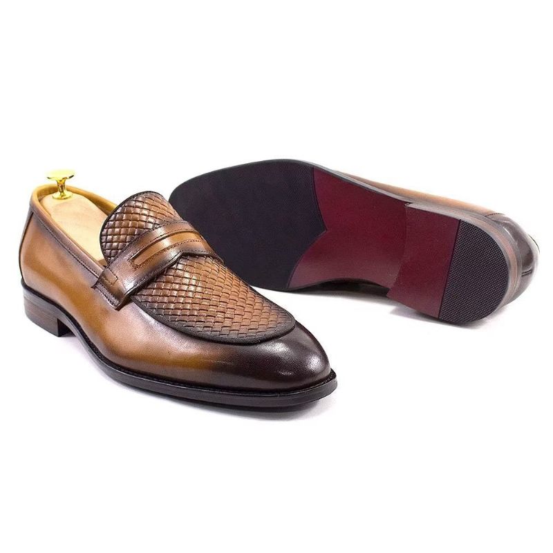 Sapatos Formais Masculinos Elegantes Clássicos Couro Brogue Slip-ons - Marrom