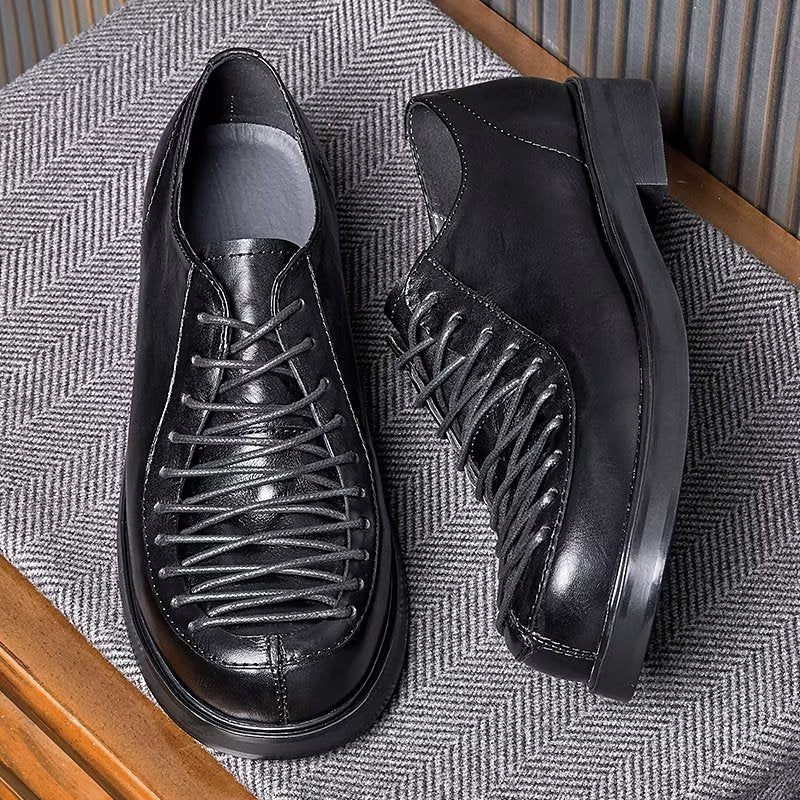 Sapatos Formais Masculinos Elegantes Couro Com Cadarço - Preto