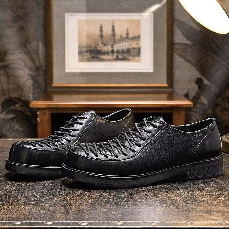 Sapatos Formais Masculinos Elegantes Couro Com Cadarço - Preto