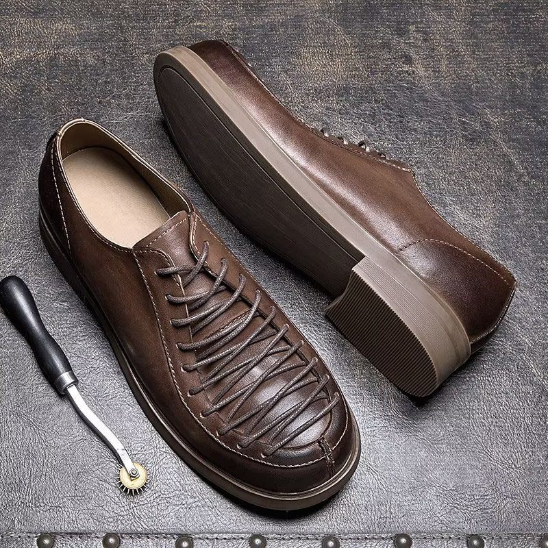 Sapatos Formais Masculinos Elegantes Couro Com Cadarço - Café