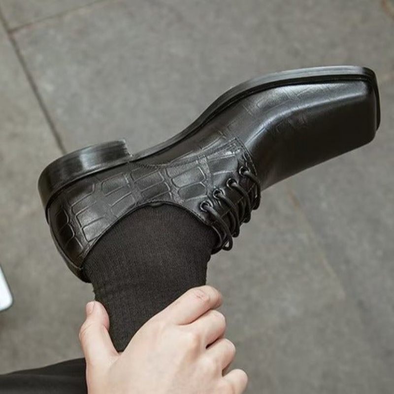 Sapatos Formais Masculinos Elegantes Couro Em Relevo Com Bico Quadrado E Cadarço - Preto