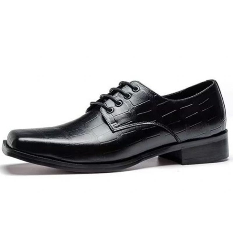 Sapatos Formais Masculinos Elegantes Couro Em Relevo Com Bico Quadrado E Cadarço - Preto