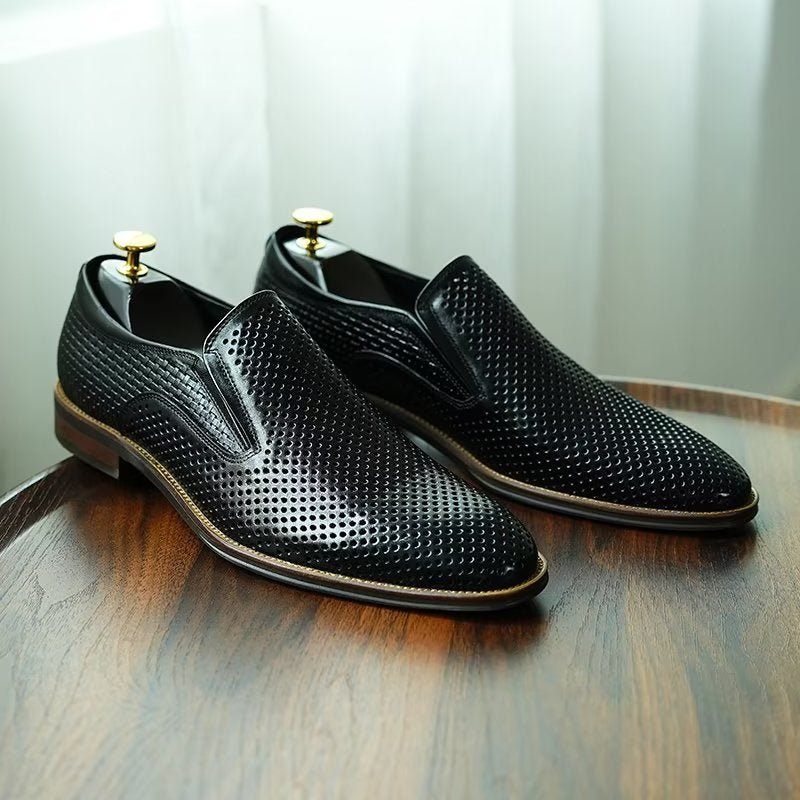 Sapatos Formais Masculinos Elegantes Couro Estilo Brogue Slip-ons Para Casamento - Preto