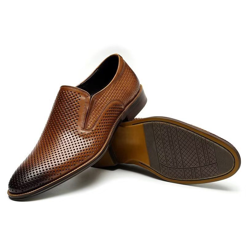 Sapatos Formais Masculinos Elegantes Couro Estilo Brogue Slip-ons Para Casamento - Marrom