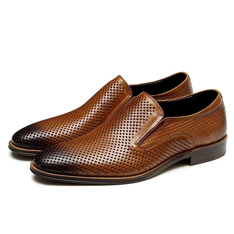 Sapatos Formais Masculinos Elegantes Couro Estilo Brogue Slip-ons Para Casamento - Marrom