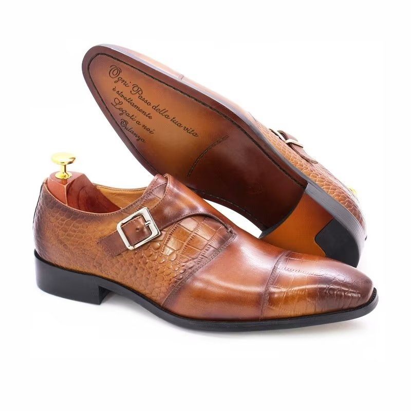 Sapatos Formais Masculinos Elegantes E Luxuosos Com Padrão Crocodilo Monkstrap - Café