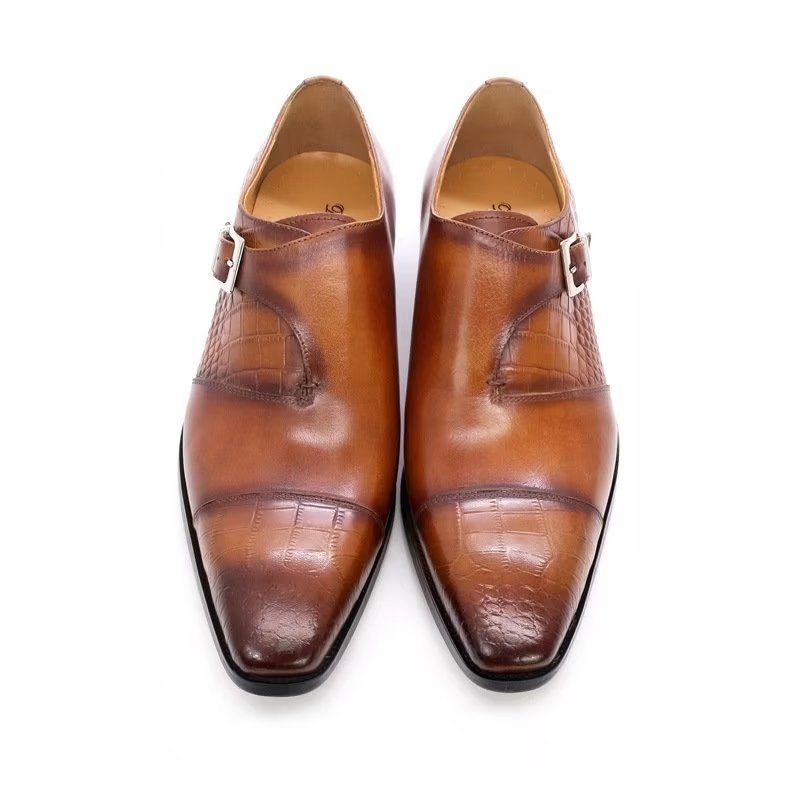 Sapatos Formais Masculinos Elegantes E Luxuosos Com Padrão Crocodilo Monkstrap - Café