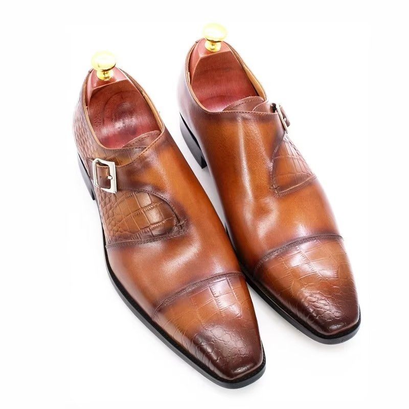 Sapatos Formais Masculinos Elegantes E Luxuosos Com Padrão Crocodilo Monkstrap - Café