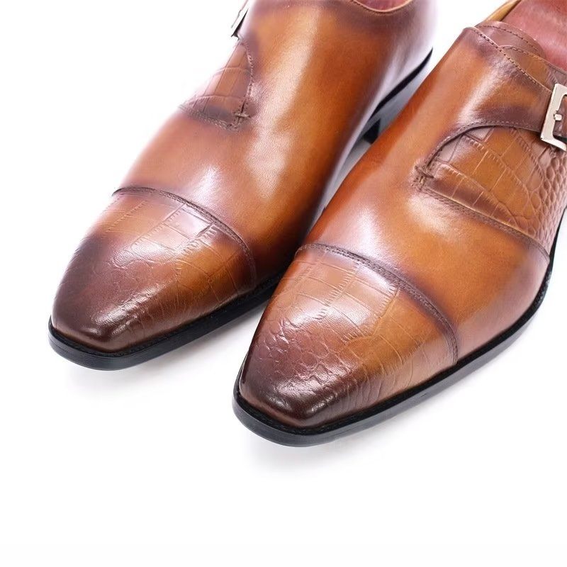 Sapatos Formais Masculinos Elegantes E Luxuosos Com Padrão Crocodilo Monkstrap - Café