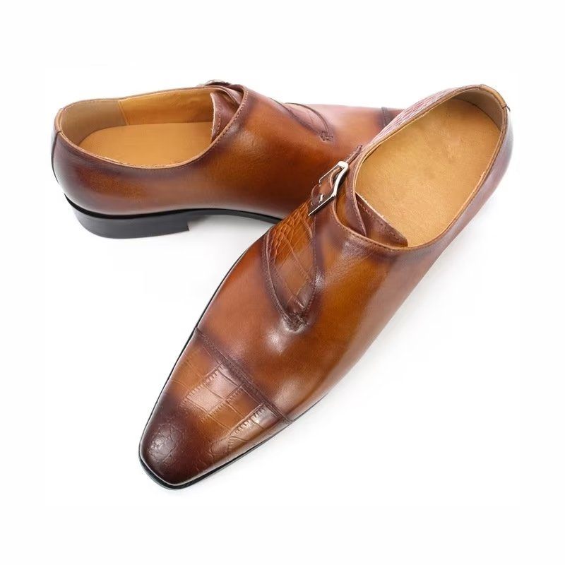 Sapatos Formais Masculinos Elegantes E Luxuosos Com Padrão Crocodilo Monkstrap - Café