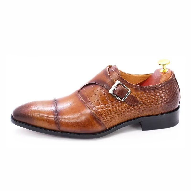 Sapatos Formais Masculinos Elegantes E Luxuosos Com Padrão Crocodilo Monkstrap - Café