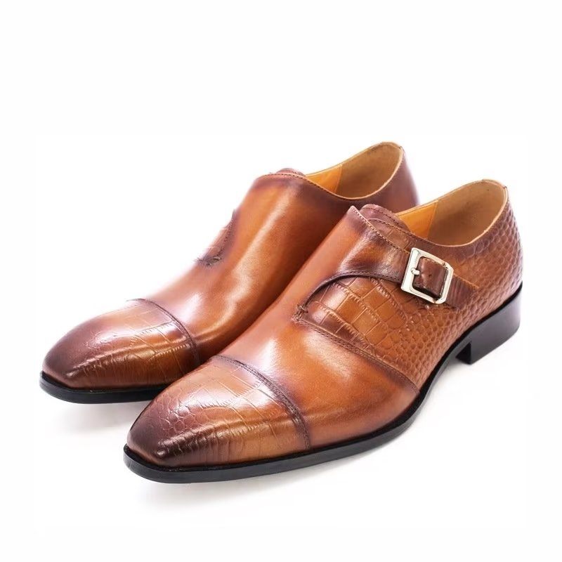 Sapatos Formais Masculinos Elegantes E Luxuosos Com Padrão Crocodilo Monkstrap - Café