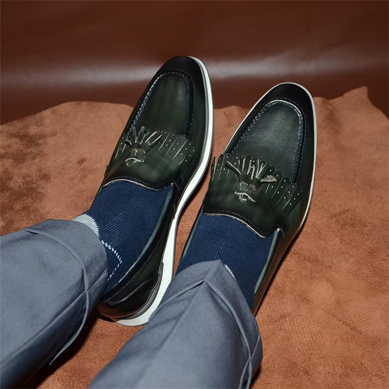 Sapatos Formais Masculinos Elegantes Sem Cadarço Em Couro Vaca - Verde Escuro