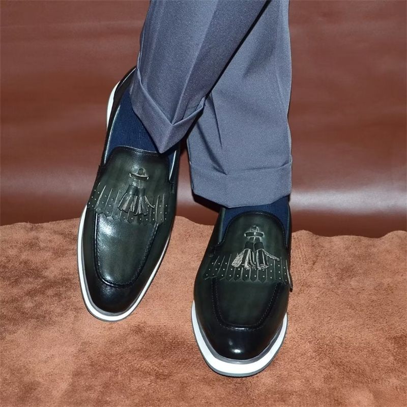 Sapatos Formais Masculinos Elegantes Sem Cadarço Em Couro Vaca - Verde Escuro