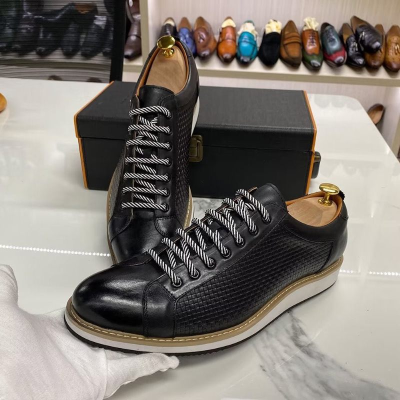 Sapatos Formais Masculinos Elegantes Tênis Couro Vaca Com Cadarço - Preto