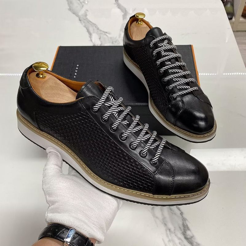 Sapatos Formais Masculinos Elegantes Tênis Couro Vaca Com Cadarço - Preto