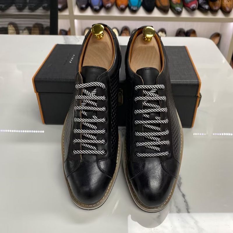 Sapatos Formais Masculinos Elegantes Tênis Couro Vaca Com Cadarço - Preto