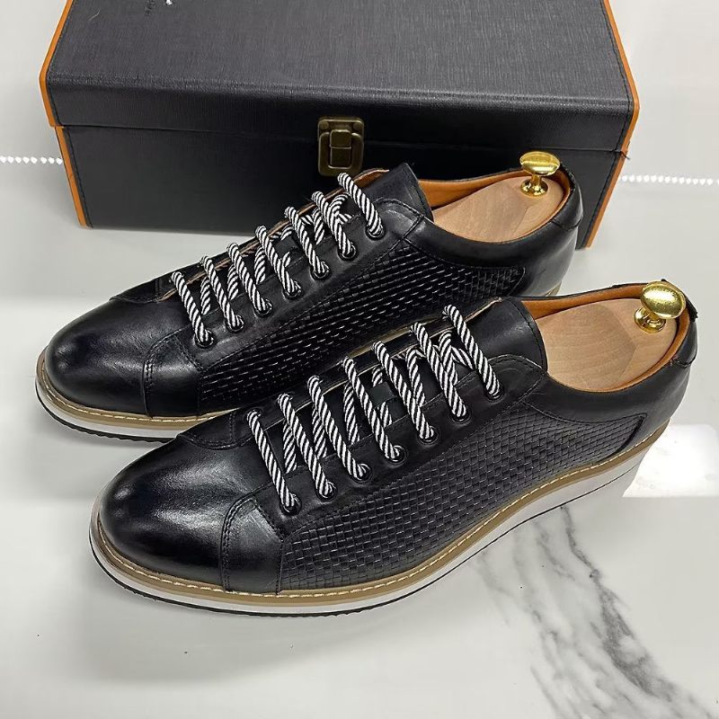 Sapatos Formais Masculinos Elegantes Tênis Couro Vaca Com Cadarço - Preto