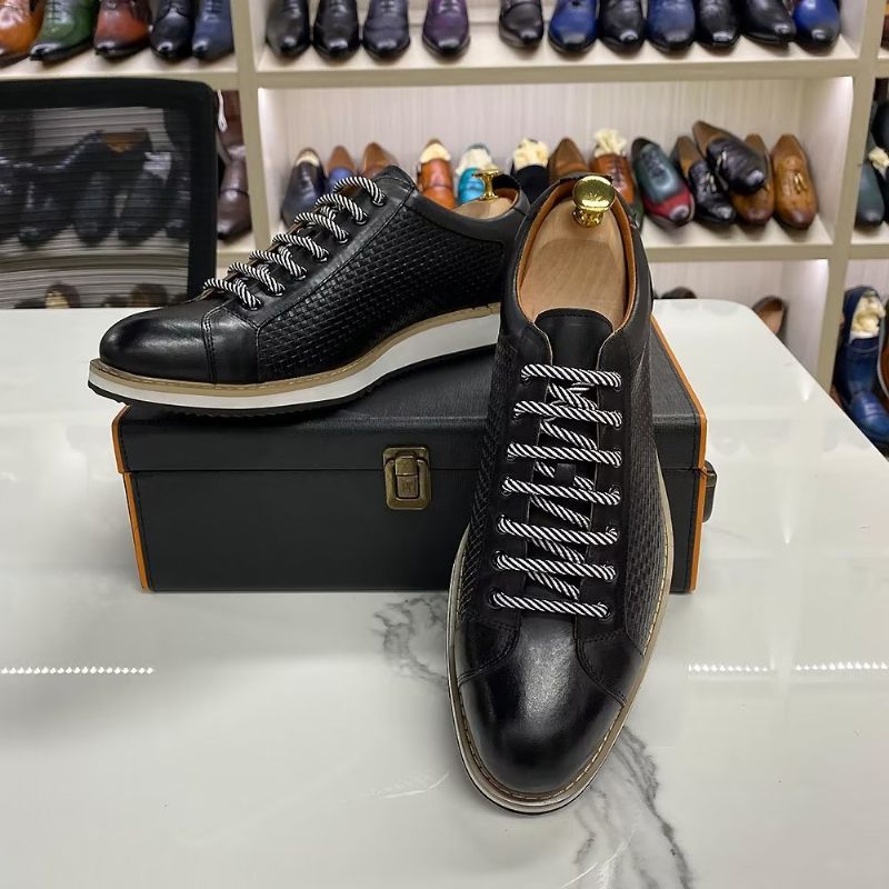 Sapatos Formais Masculinos Elegantes Tênis Couro Vaca Com Cadarço - Preto